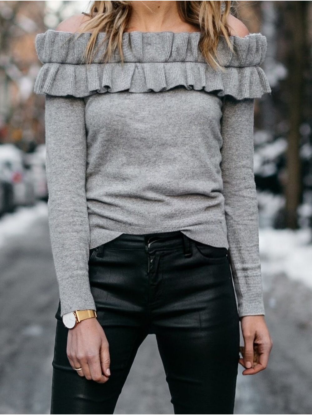 Club Monaco Off-Shoulder Ruffle Cashmere Sweater - Gray - Picture 2 of 9